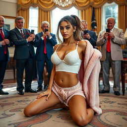 In an intriguing scene set in the luxurious Oval Office, an 18-year-old Arabic woman catches the eye with her gorgeous, thin, and petite figure, characterized by delicate breasts, a tiny waist, and very wide hips