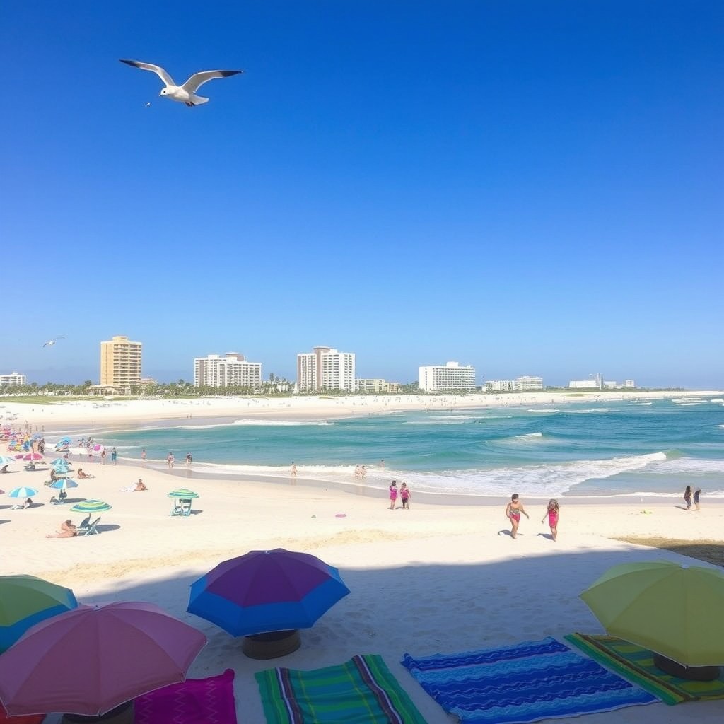 A breathtaking view of South Padre Island showcasing its pristine sandy beaches and turquoise waters, with vibrant beach umbrellas and people enjoying the sun