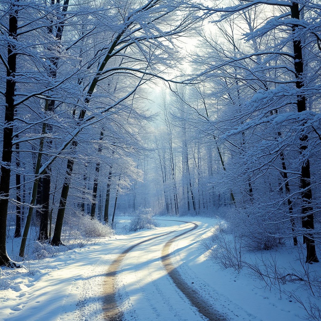 A serene winter landscape featuring a winding path through a dense forest