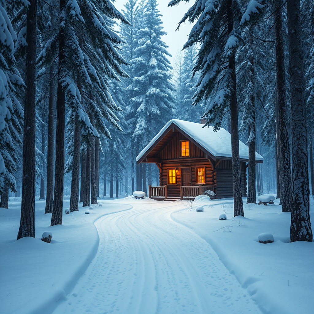 A charming winter cabin nestled in the woods at the end of a winding snow-covered path