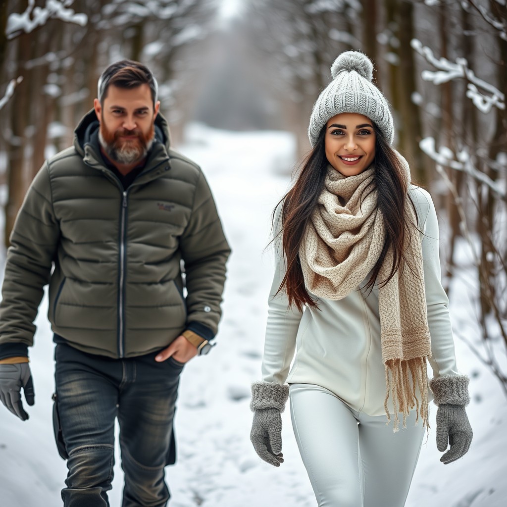 A portrait of a tall, young woman walking alongside a rugged man on a snow-covered path in a winter landscape