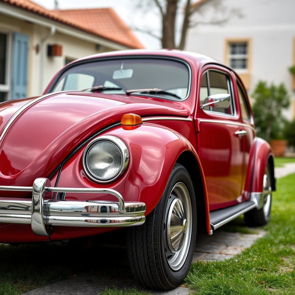 A classic Volkswagen Beetle (Escarabajo) car in a vibrant combination of burgundy and nardo grey