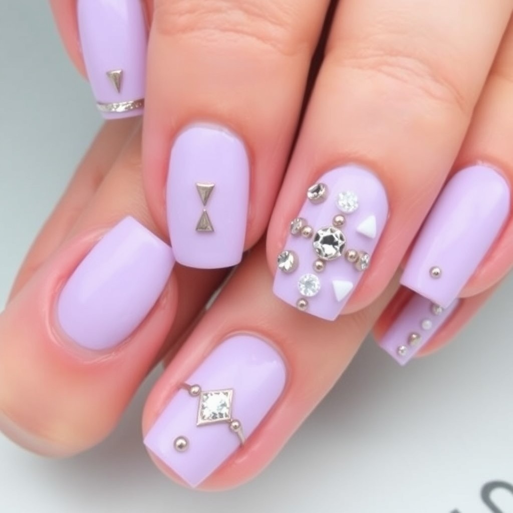 Short nail designs featuring easy geometric shapes adorned with gemstones, painted in a beautiful lilac color