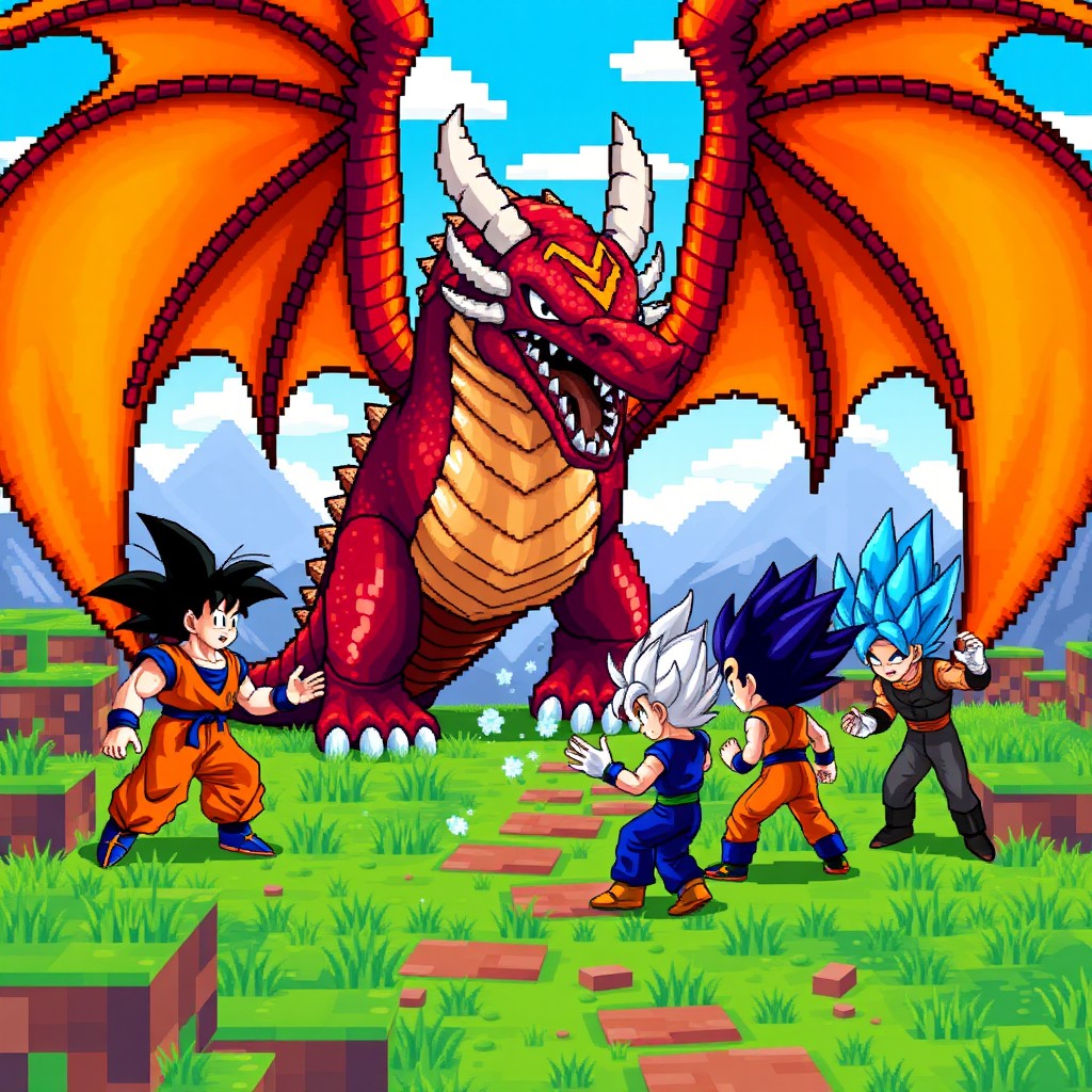 A vibrant pixel art scene inspired by Dragon Ball set in a Minecraft environment
