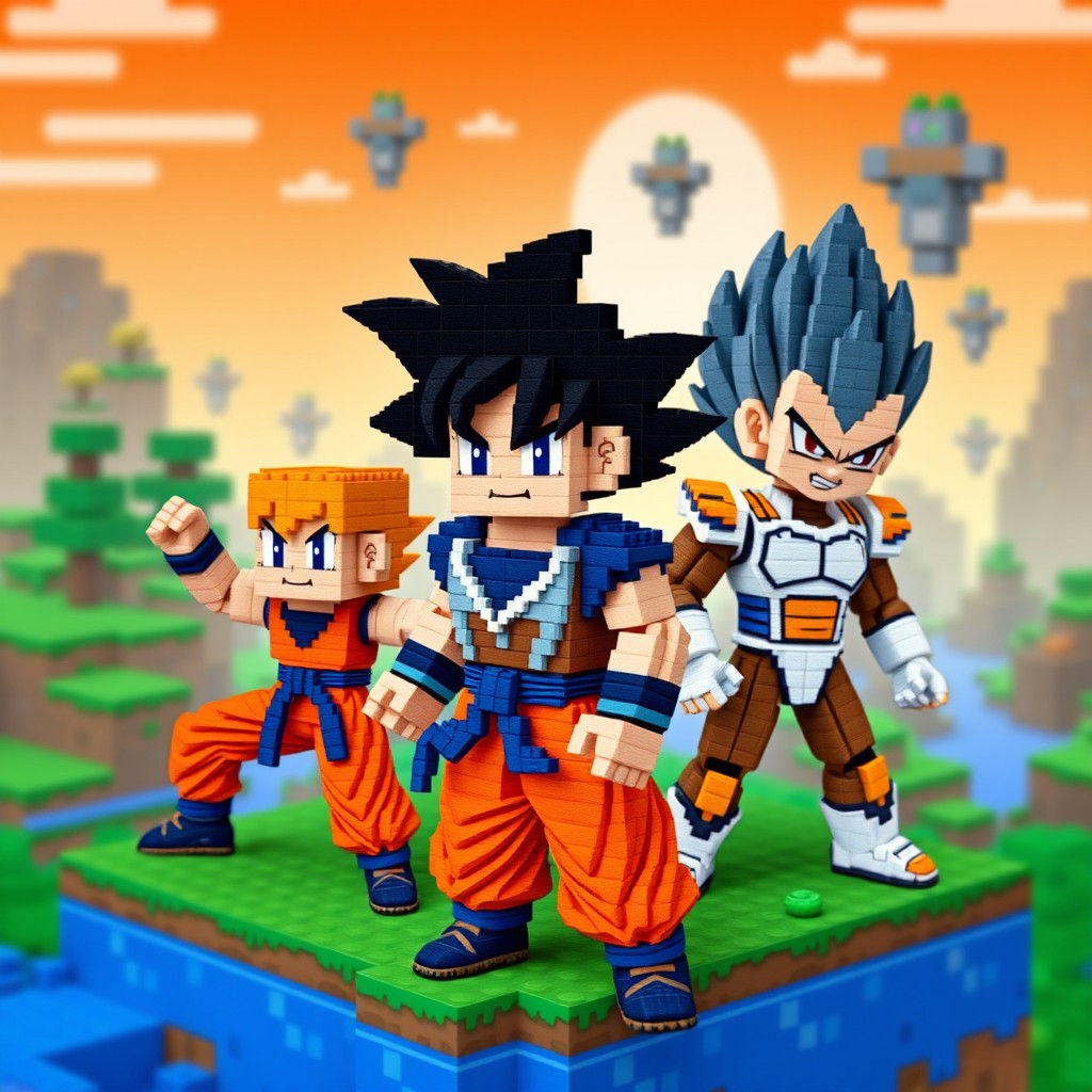 A detailed pixel art rendition of iconic Dragon Ball characters, including Goku and Vegeta, designed in a Minecraft style
