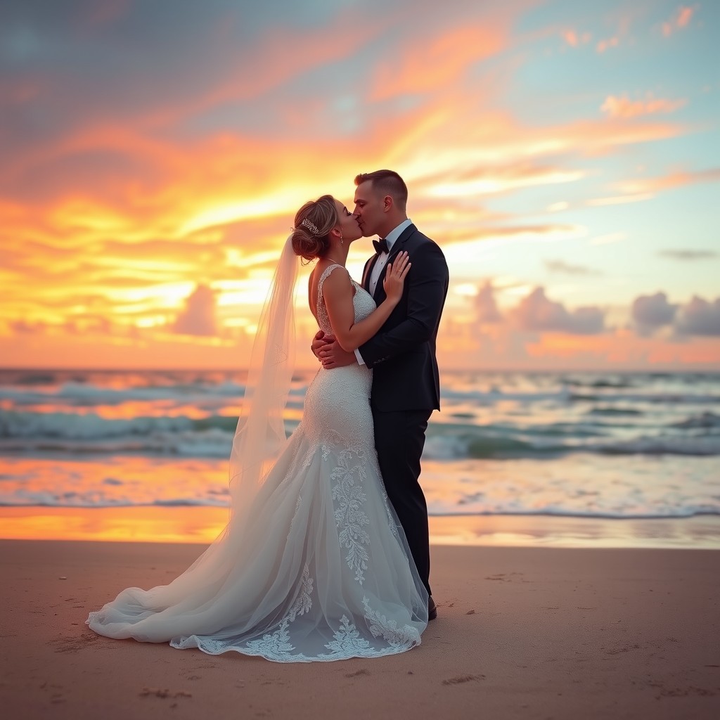A romantic scene of a bride and groom sharing a kiss on a gorgeous sunset beach