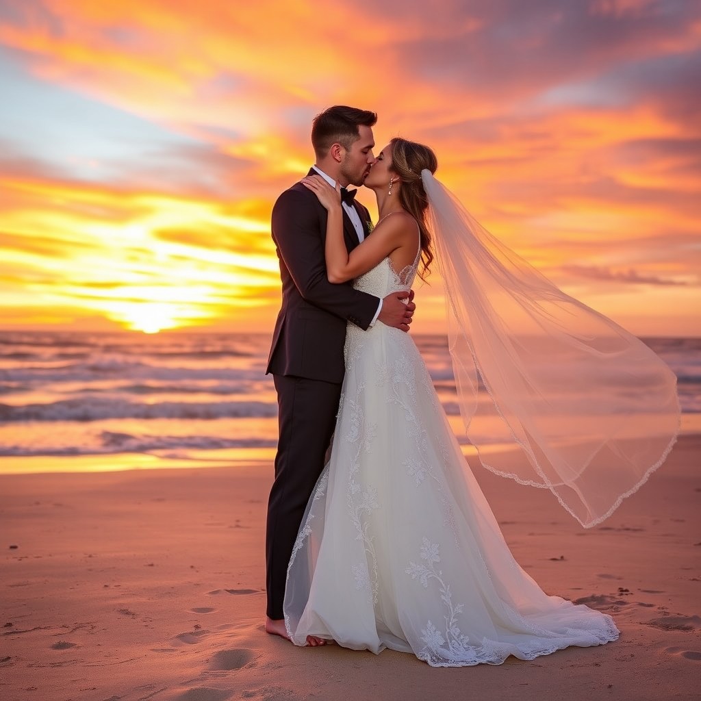 A romantic scene of a bride and groom sharing a kiss on a stunning sunset beach, with a gentle wind blowing around them
