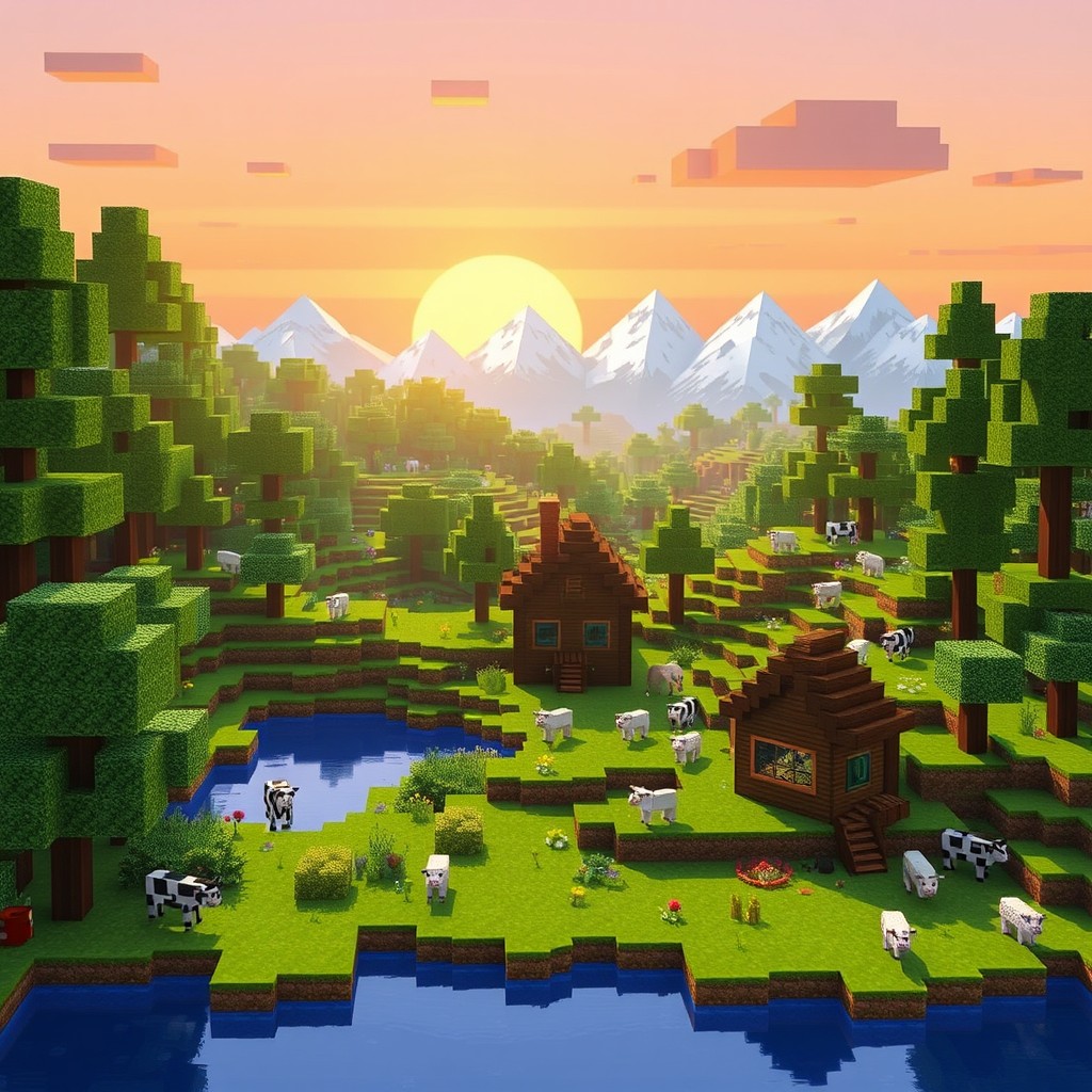A vibrant and expansive Minecraft landscape featuring a wide variety of biomes, including a lush green forest with towering trees, a tranquil blue lake with pixelated reflections, rolling hills made of blocky grass, and a stunning sunset casting orange and pink hues across the sky