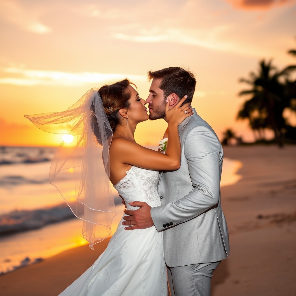 A romantic scene of a bride and groom kissing on a picturesque beach during sunset