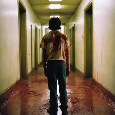 In the horror movie, the protagonist infelicitously walked into a room full of bloodstains and realized they were trapped with a serial killer.