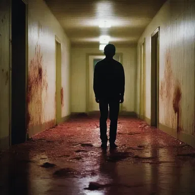 In the horror movie, the protagonist infelicitously walked into a room full of bloodstains and realized they were trapped with a serial killer.