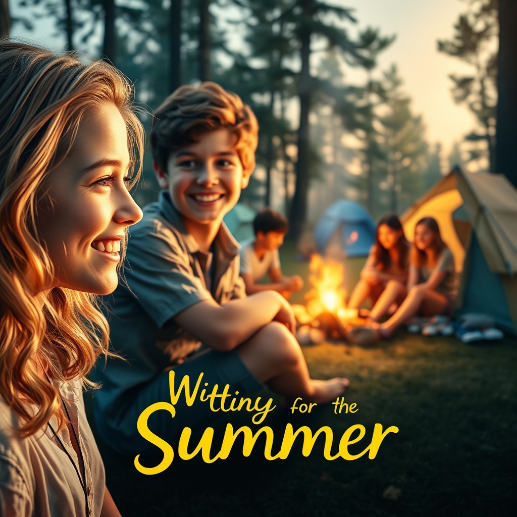 A romantic movie poster titled 'Waiting for the Summer', featuring a close-up of a boy and girl in the foreground, smiling at each other with warmth and affection