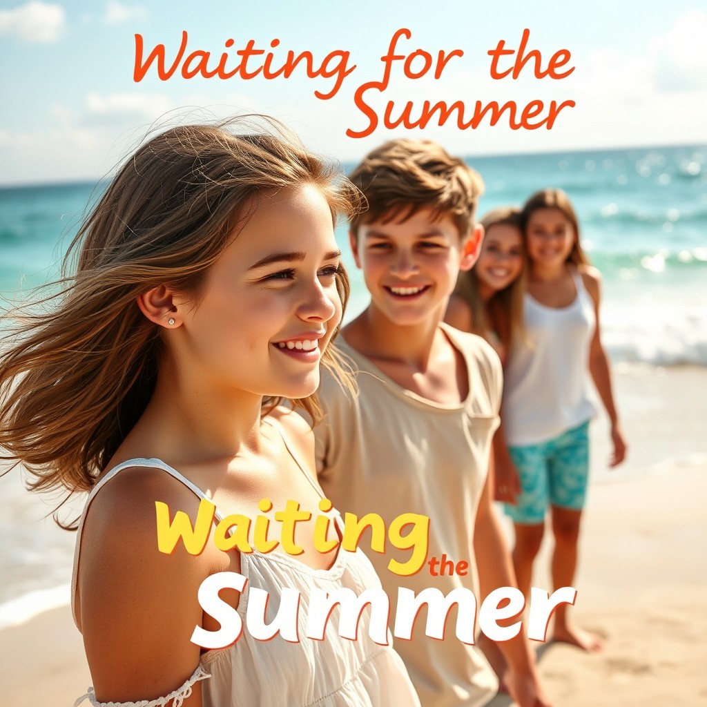 A romantic movie poster titled 'Waiting for the Summer', featuring a close-up of a boy and girl in the foreground, smiling at each other on a beautiful beach