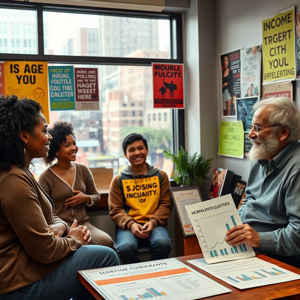 An informative scene depicting a diverse group of people discussing social inequality in a community center