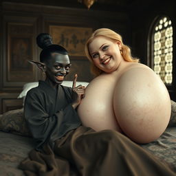 Lying on a medieval bed in an intricately decorated medieval room, a young, malicious-looking black woman with very dark skin, a small and emaciated frame, sharp crooked teeth, and elf-like ears presents a striking visual