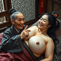 Lying on a medieval bed in a Chinese bedroom, an elderly, unattractive Chinese woman with a small stature and malnourished appearance is depicted