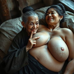 Lying in a medieval bedroom, an elderly, unattractive Indonesian woman with a small stature and malnourished appearance is depicted