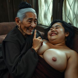 Lying in a medieval bedroom, an elderly, unattractive Indonesian woman with a small stature and malnourished appearance is depicted