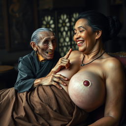 Lying on a medieval bed in a medieval room, an elderly, unattractive Indonesian woman with a small stature and malnourished appearance is depicted