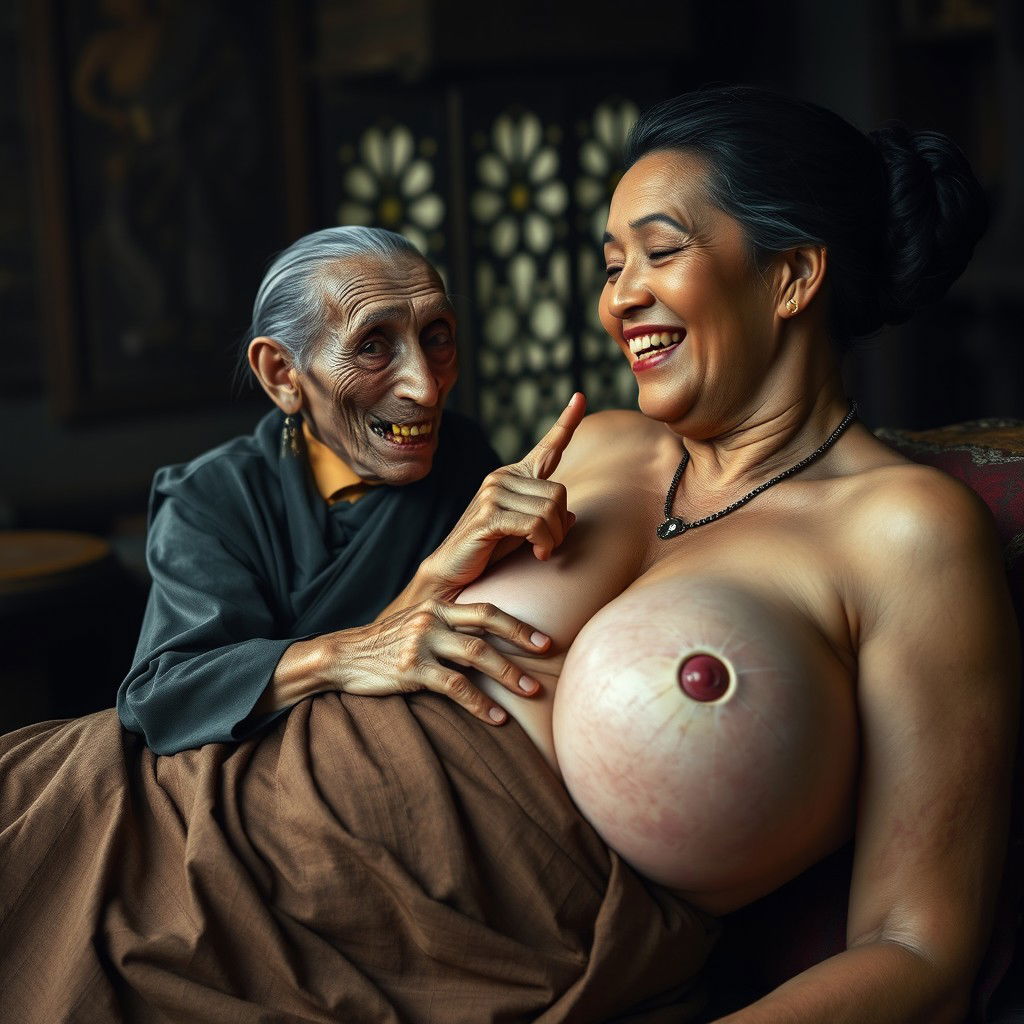 Lying on a medieval bed in a medieval room, an elderly, unattractive Indonesian woman with a small stature and malnourished appearance is depicted