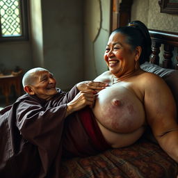 Lying on a medieval bed in a medieval room, an elderly, unattractive Indonesian woman with a small stature and malnourished appearance is depicted
