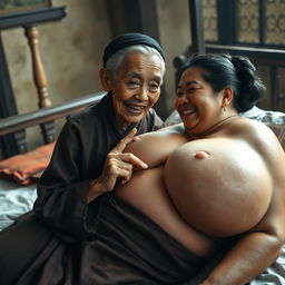 Lying on a medieval bed in a medieval room, an elderly, unattractive Indonesian woman with a small stature and malnourished appearance is depicted