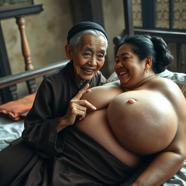 Lying on a medieval bed in a medieval room, an elderly, unattractive Indonesian woman with a small stature and malnourished appearance is depicted