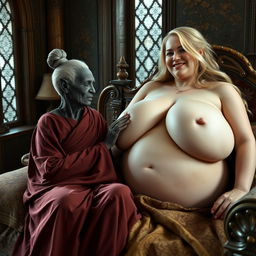 In a medieval bedroom, two women are lounging on an ornate bed