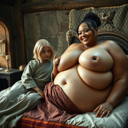 In a medieval bedroom, two women are lying on a bed