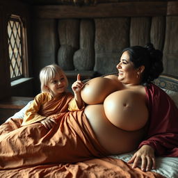 In a medieval bedroom, two women are lying on a bed