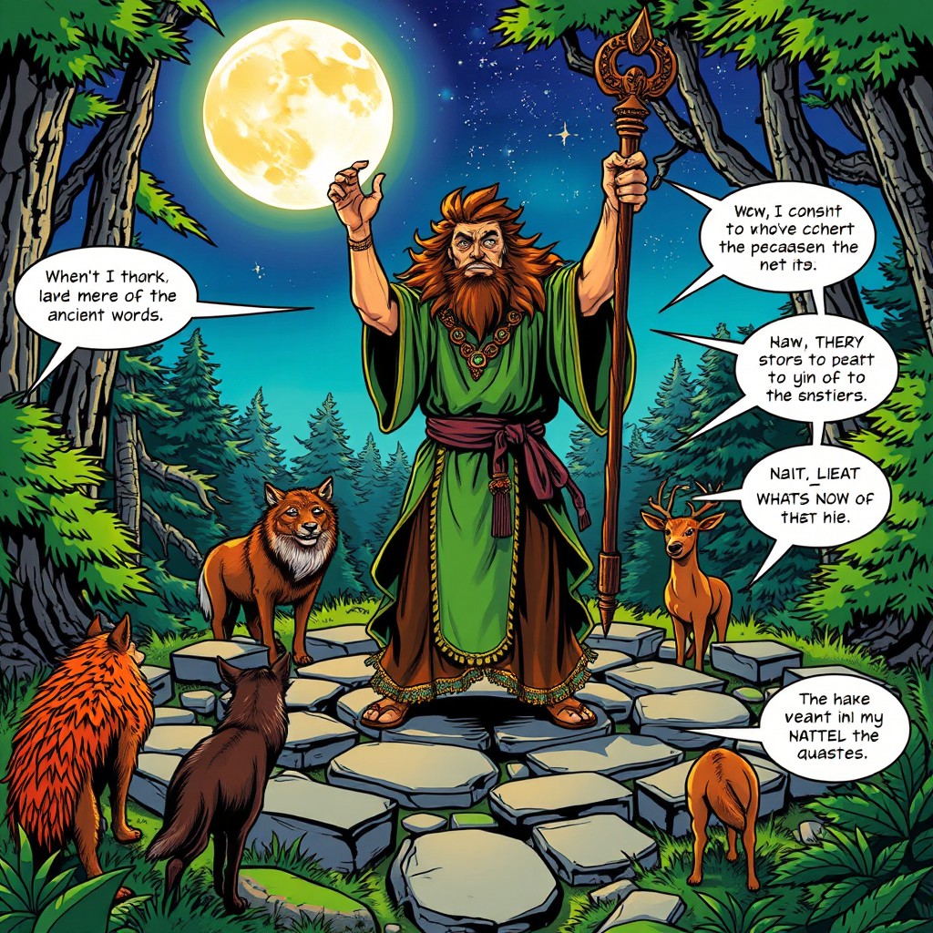 A comic-style illustration of a druid in a vibrant moonlit forest, performing a ritual in a circle of stone slabs