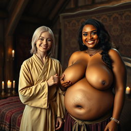 A medieval bedroom scene featuring two women