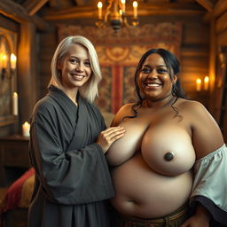 A medieval bedroom scene featuring two women