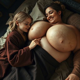 Lying in a medieval bedroom, a young blonde woman, notably small and malnourished with decayed teeth, is dressed in a long, fully closed Buddhist robe