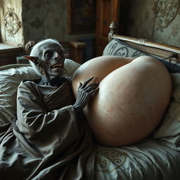 In a medieval bedroom, reclining on a bed, an elderly black woman with very dark skin, small and emaciated, is depicted