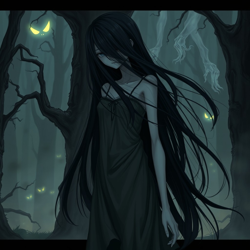 A full body anime character in a horror setting, featuring a tall, slender figure with long, flowing black hair that obscures part of the face