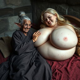 Lying on a medieval bed in a medieval room, an elderly, unattractive black woman, very small and malnourished with rotten teeth and elf ears, is dressed in a long, fully closed Buddhist robe