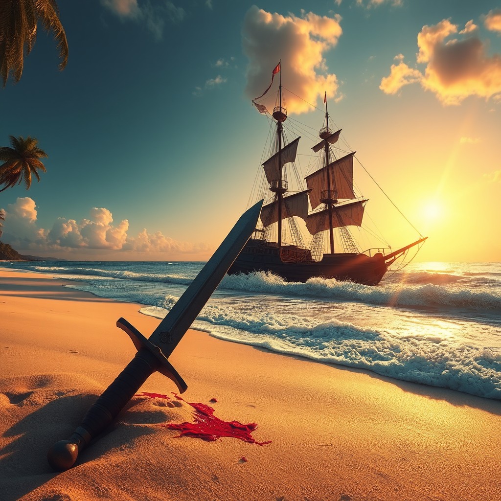 A dramatic scene on a pristine beach, showcasing a fierce battle atmosphere with a majestic ship anchored nearby