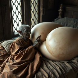 Lying on a medieval bed in a medieval room, an elderly black woman, very small and malnourished, with rotten teeth and elf ears, adorned in a long, fully closed Buddhist robe, has her hair styled in a gray bun and is wearing medieval earrings