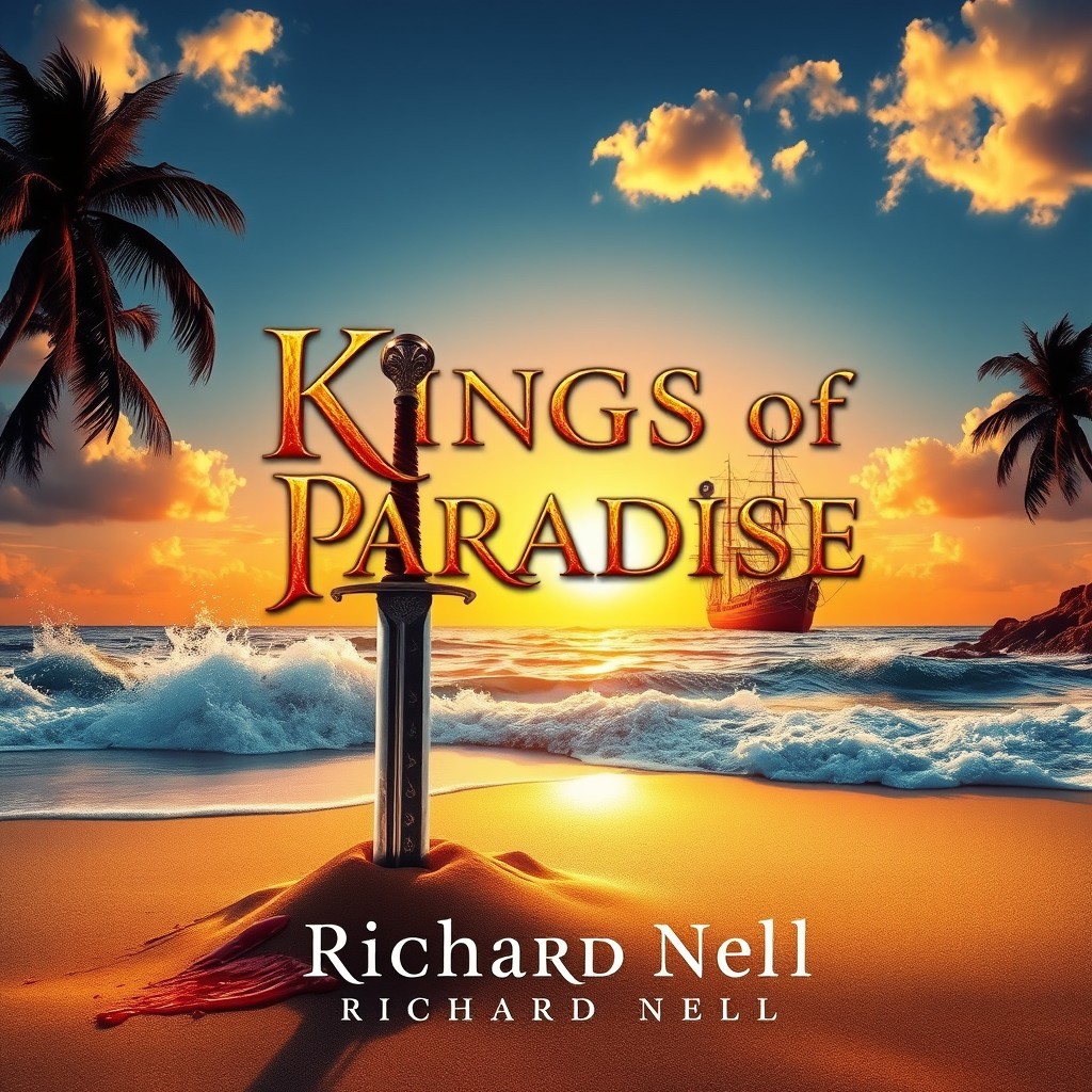 An epic book cover for 'Kings of Paradise' by Richard Nell, featuring a dramatic scene on a pristine beach with a majestic ship anchored in the background