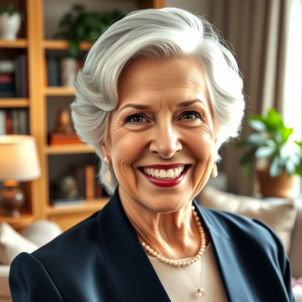 A vibrant and engaging portrait of a 65-year-old woman with a warm smile, wearing elegant attire suitable for a sophisticated event