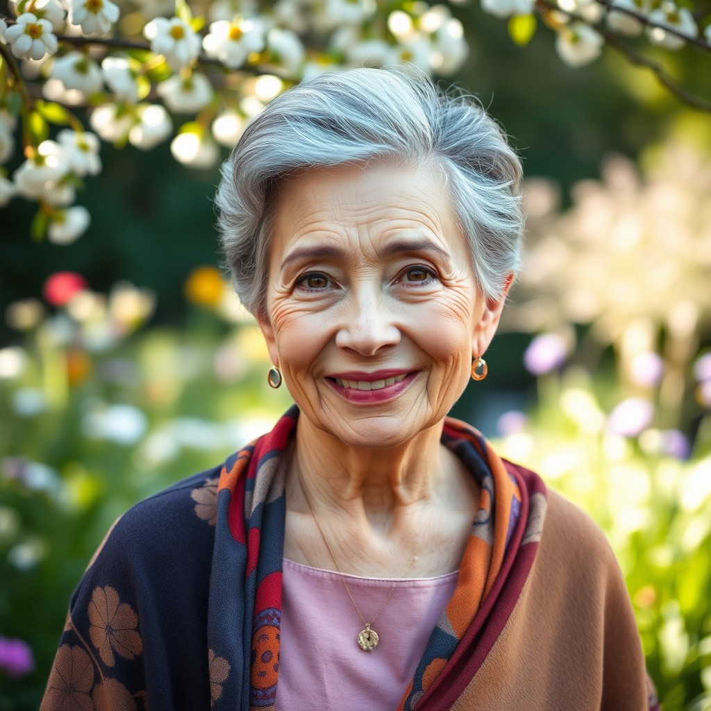 A dignified and graceful portrait of a 75-year-old woman with a gentle smile, showcasing her life experience and wisdom