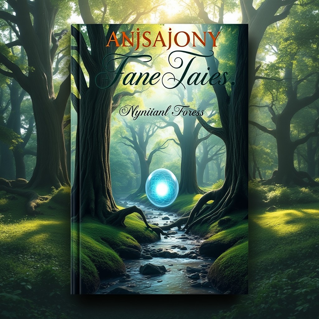 A captivating book cover design that features a mystical forest with towering ancient trees, dappled sunlight filtering through the leaves, and a small stream flowing through the scene