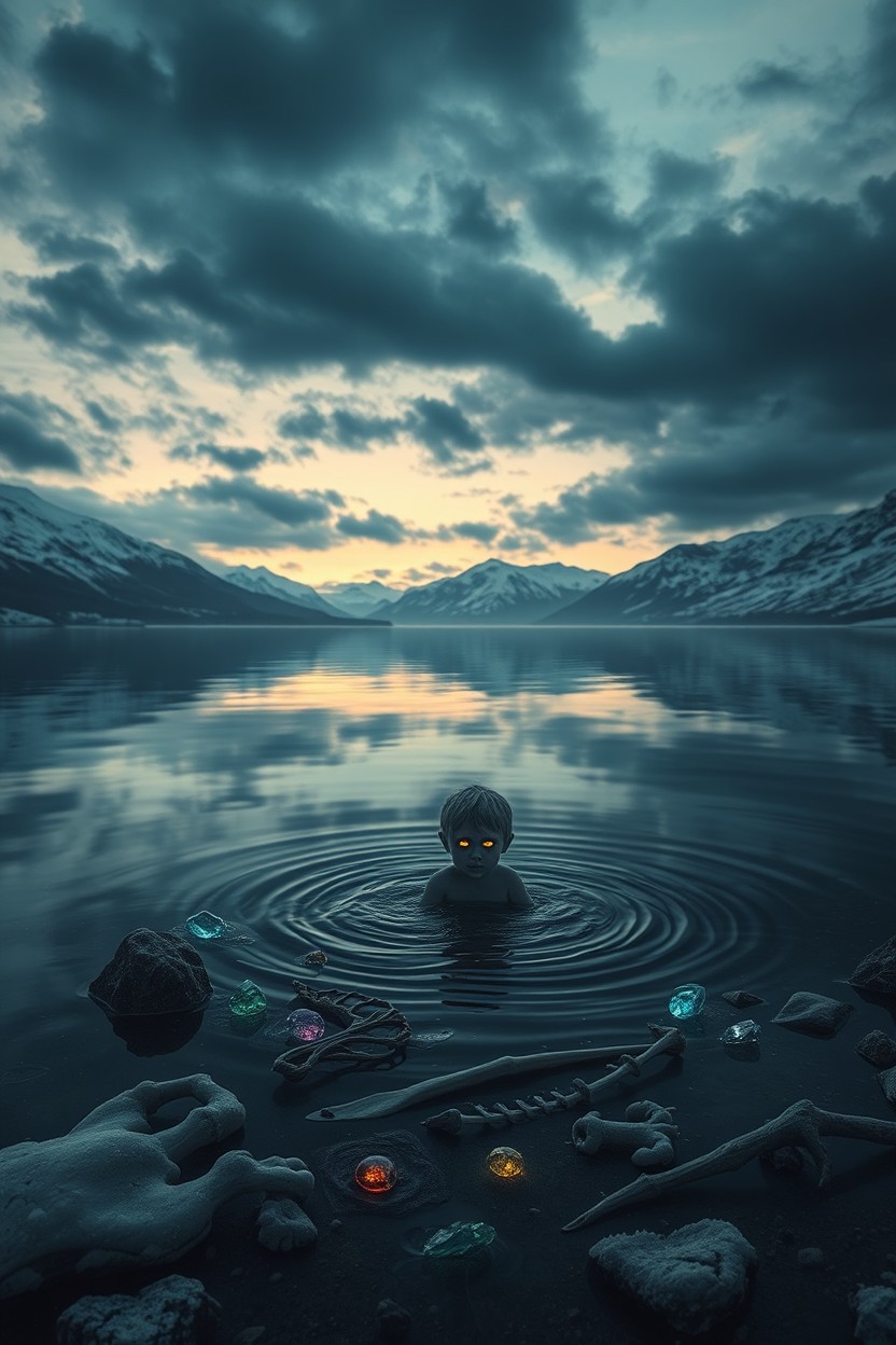 A mystical lake scene at dusk, featuring a serene body of water reflecting the dark, ominous clouds above