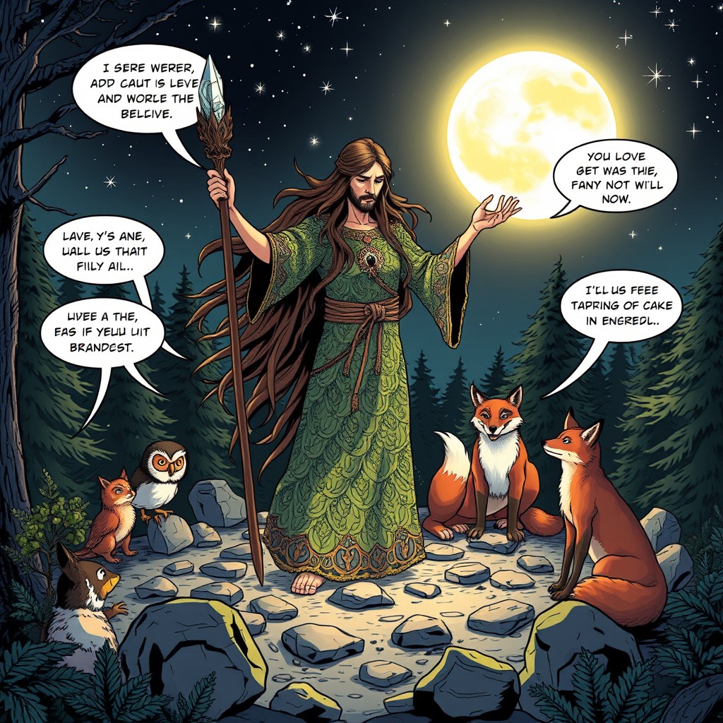 A comic-style illustration of a druid standing in a circle of stones under a radiant full moon, surrounded by an enchanting forest