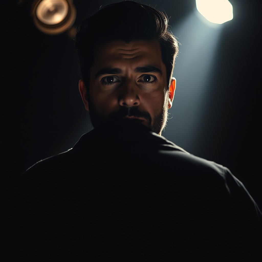 A captivating portrait of a charismatic man, depicted from the waist up, embodying the essence of a storyteller