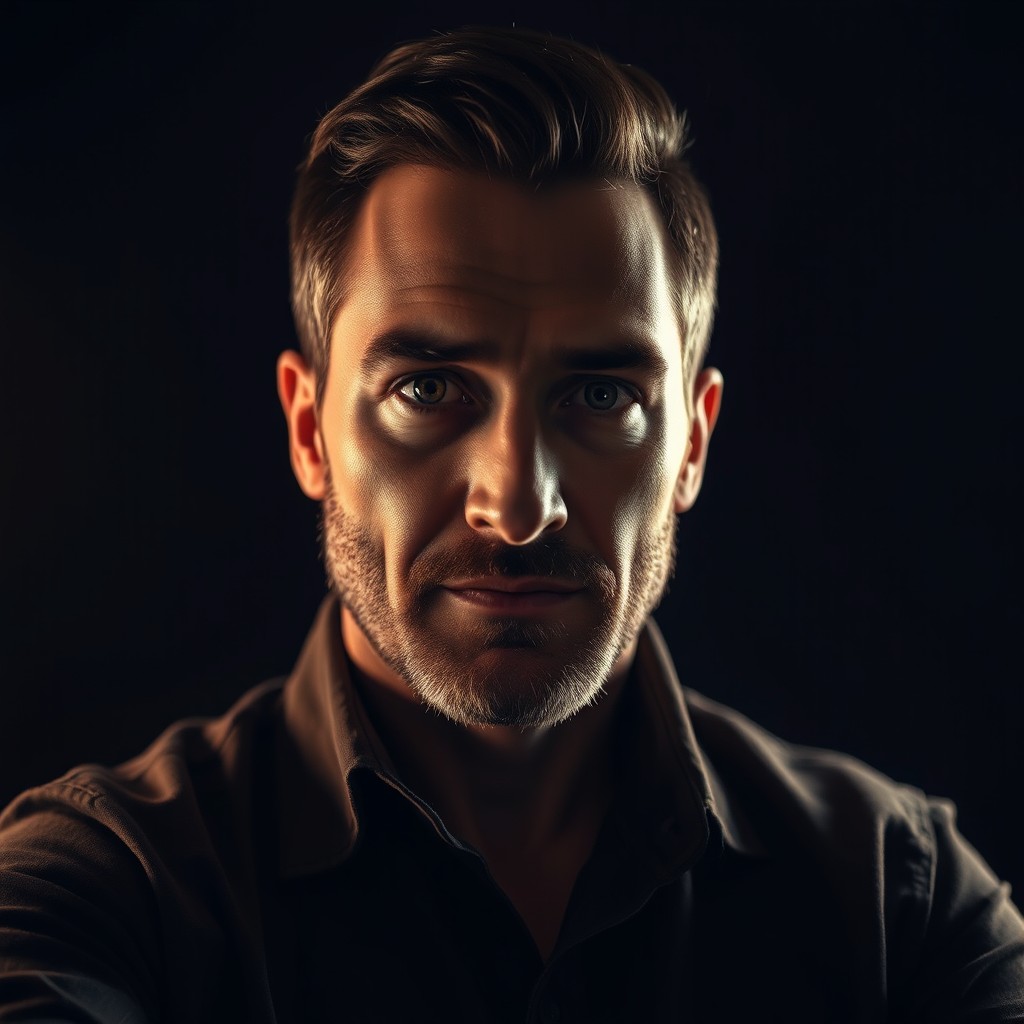 A striking portrait of a charismatic man, captured from the waist up, embodying the spirit of a storyteller