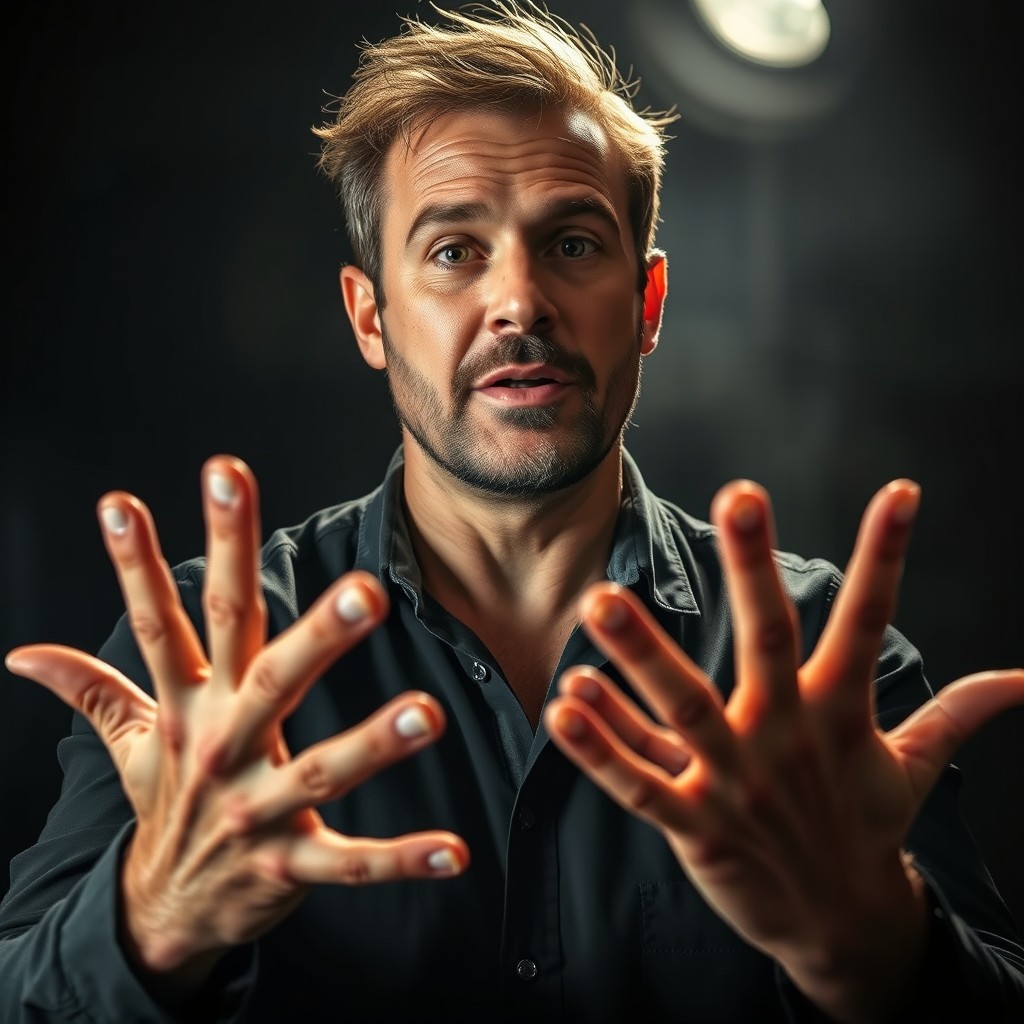 A compelling portrait of a charismatic man, captured from the waist up, embodying the essence of a storyteller