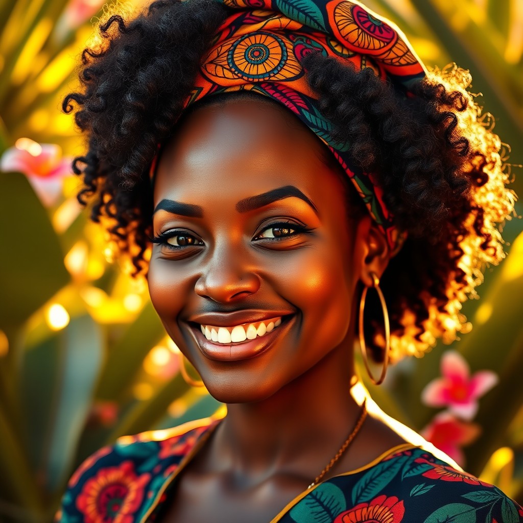 A beautiful portrait of a black-skinned woman with radiant skin and natural curly hair