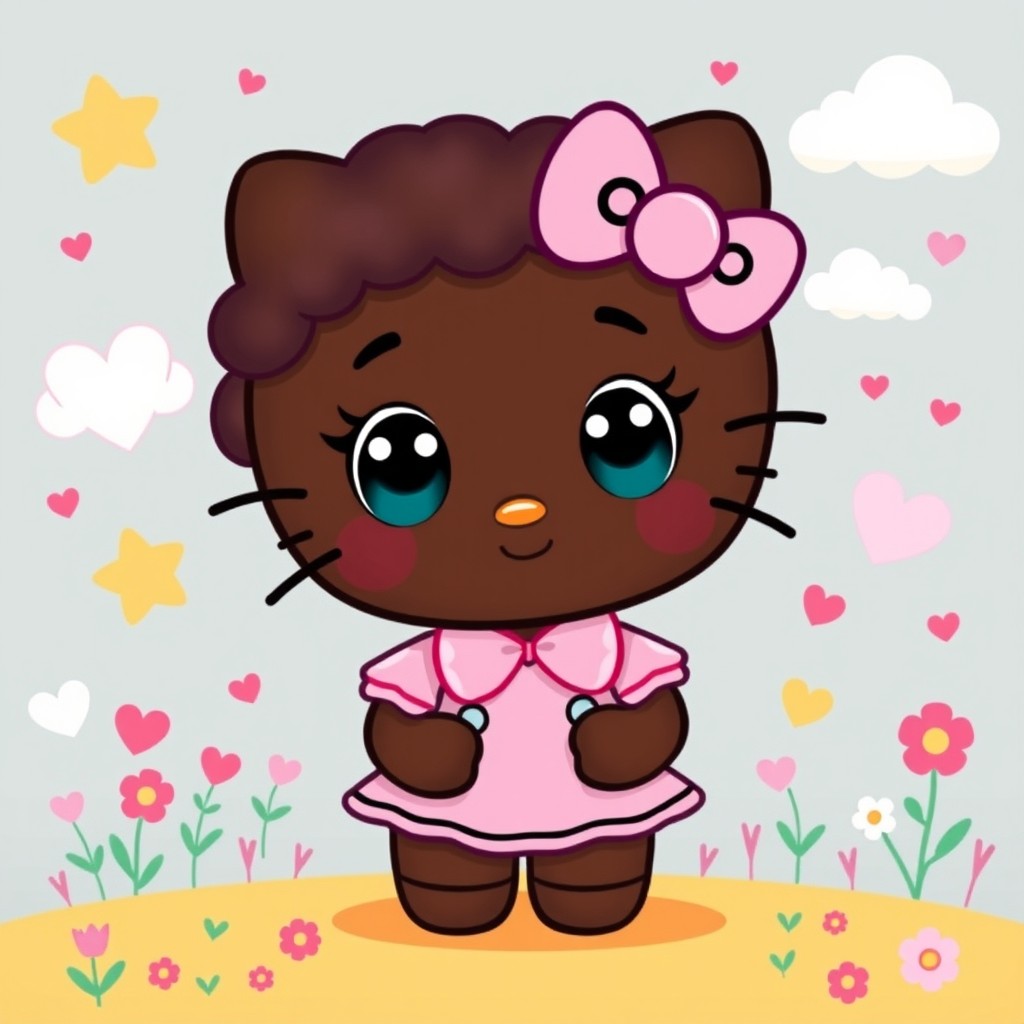 A whimsical illustration of a black-skinned character inspired by Hello Kitty, featuring large round eyes and a cute, friendly smile